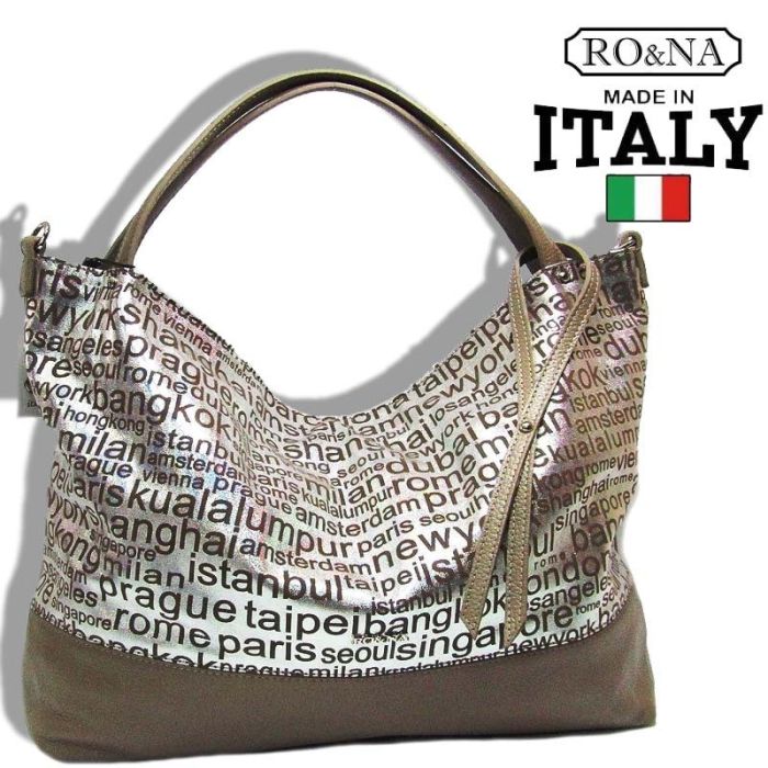 Italian leather tote bag with words and letters on it