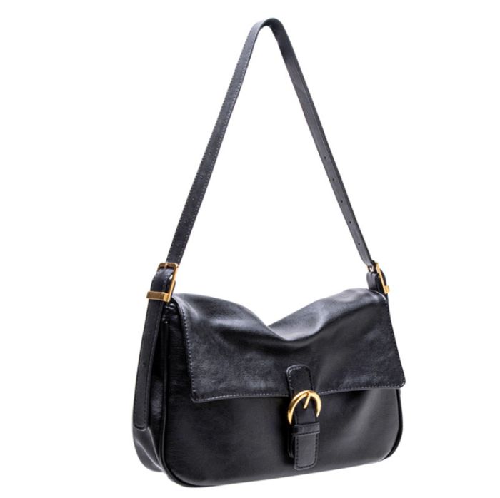 Soft women's bag with long flat shoulder handle