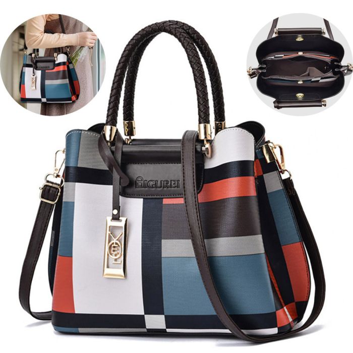 Women's multicolored shoulder bag - model with woven handle and detachable strap