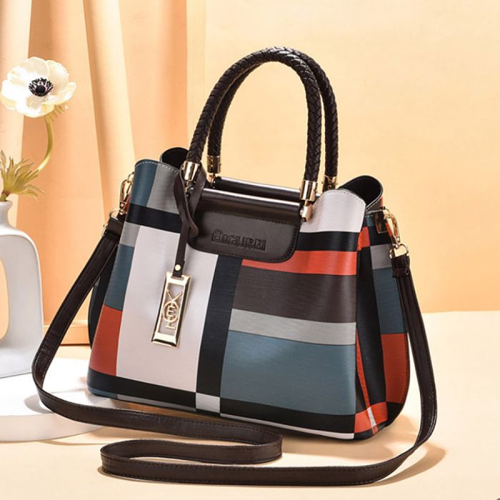 Women's multicolored shoulder bag - model with woven handle and detachable strap