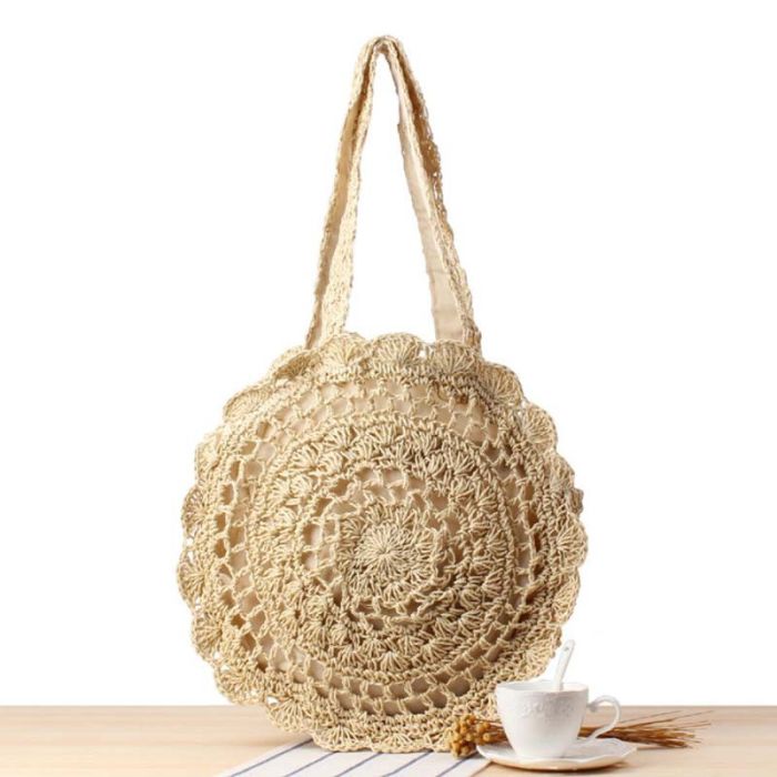 Large crocheted round bag - woven cotton