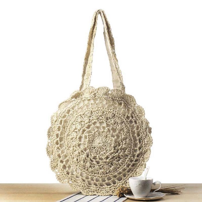 Large crocheted round bag - woven cotton