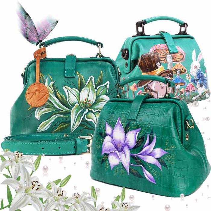 Leather handbag with pattern - emerald green