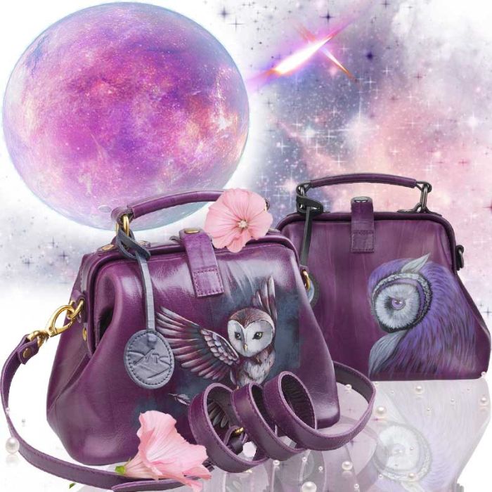 Purple satchel bag with pattern - hand painted design