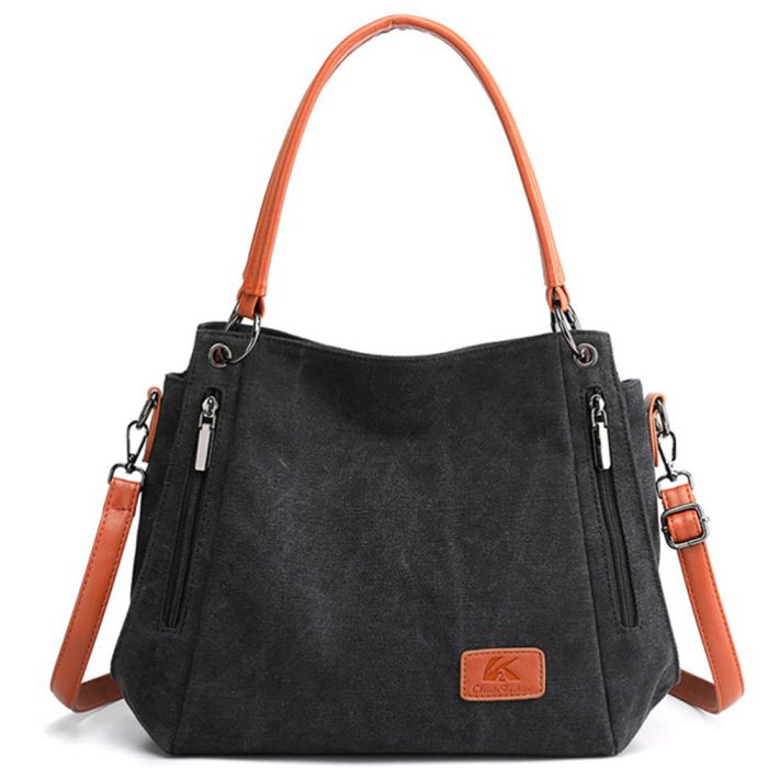 Women's fabric bag with contrasting leather strap