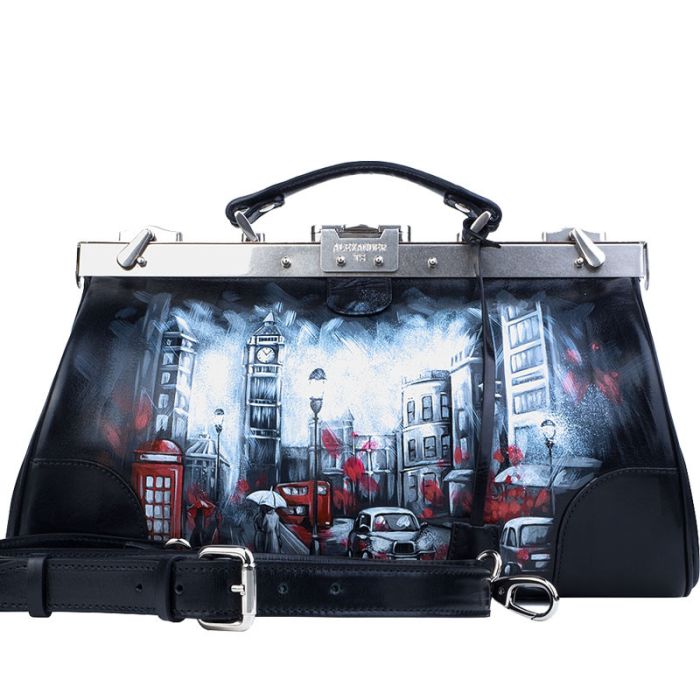 Black genuine leather satchel with design painting - premium