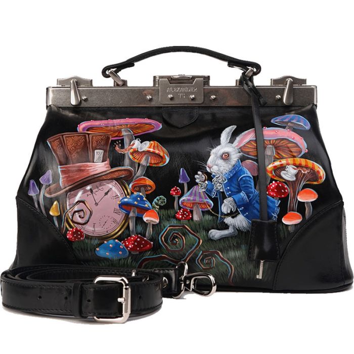 Black genuine leather satchel with design painting - premium