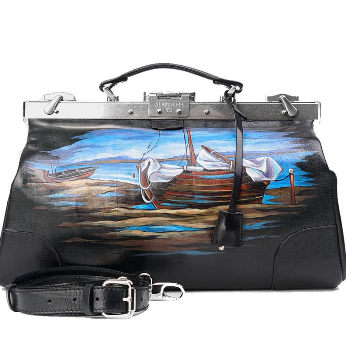 Black genuine leather satchel with design painting - premium