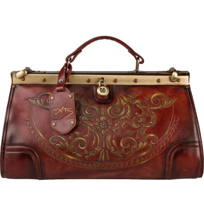 Leather valise: brown with designer painting