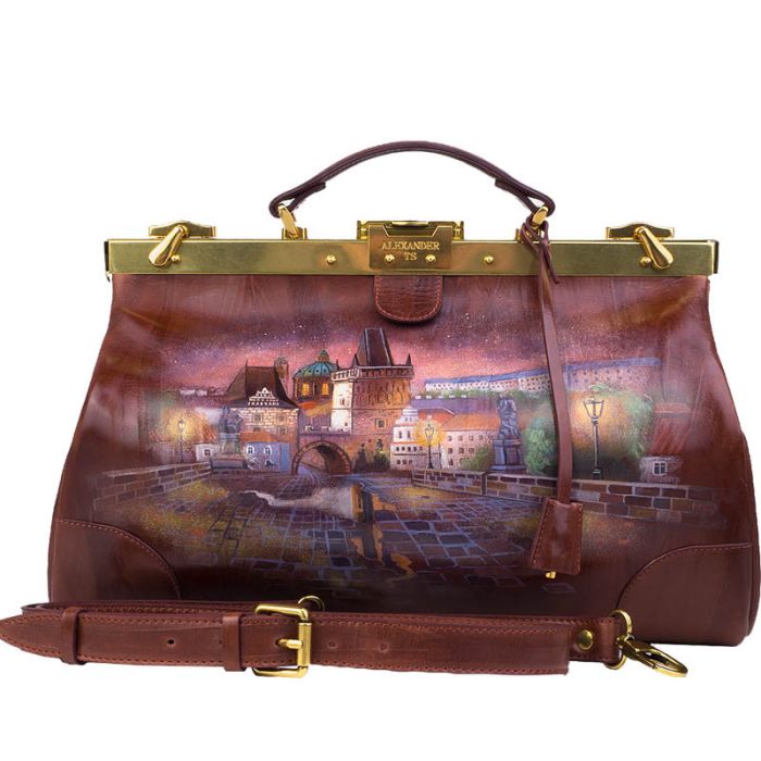 Leather valise: brown with designer painting