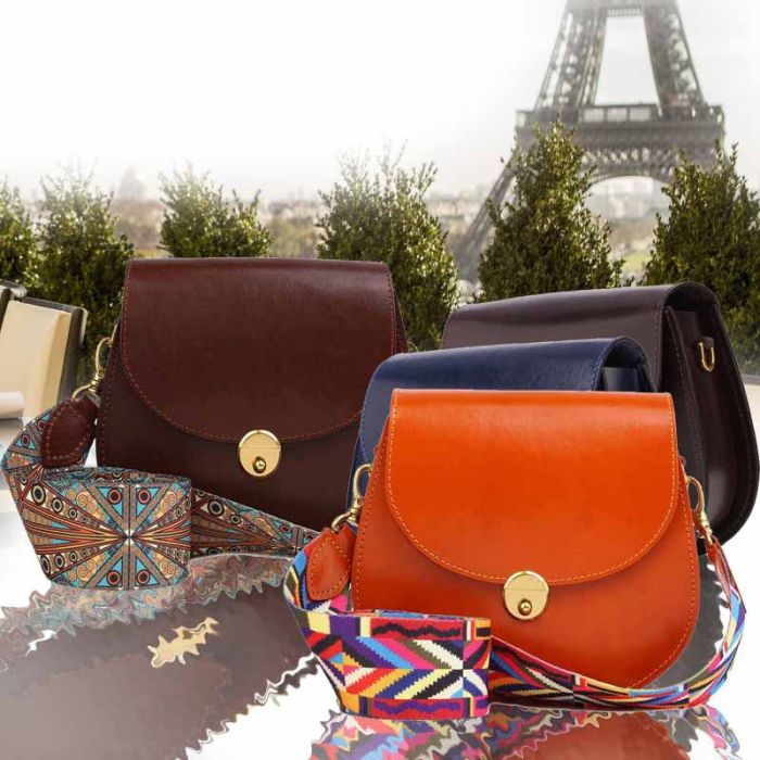 Small smooth leather bag with wide colored strap - Cross body