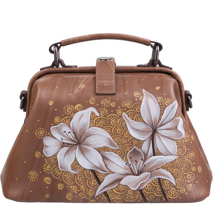 Beige, leather handbag with pattern - hand-painted