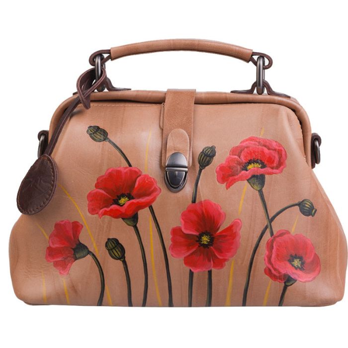 Beige, leather handbag with pattern - hand-painted