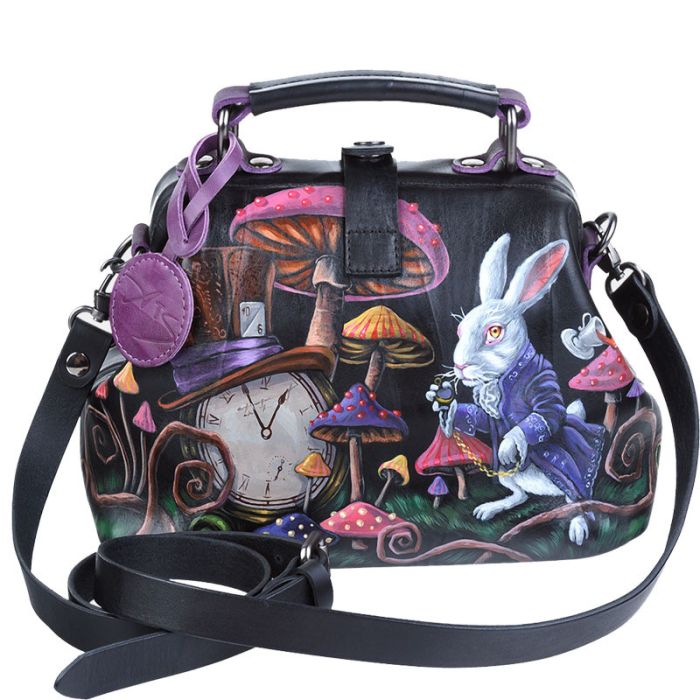 Women's handbag, black, leather bag with pattern - hand painted