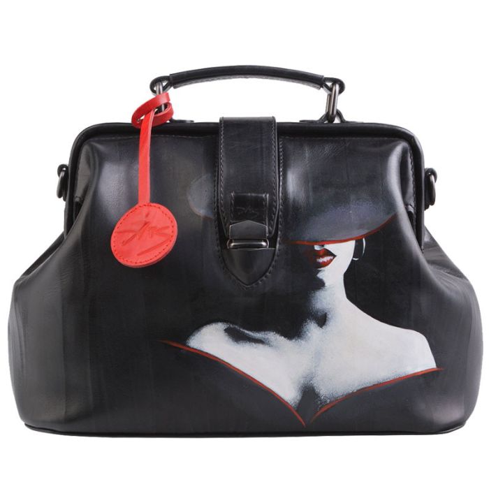 Black bag - valise, women's bag with pattern on leather