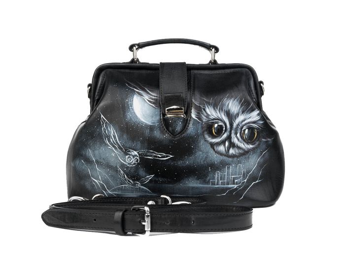 Black bag - valise, women's bag with pattern on leather