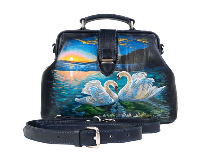 Bag valise blue, with design on leather - hand painted