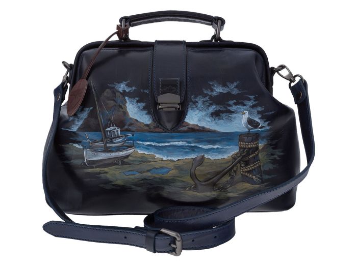 Bag valise blue, with design on leather - hand painted