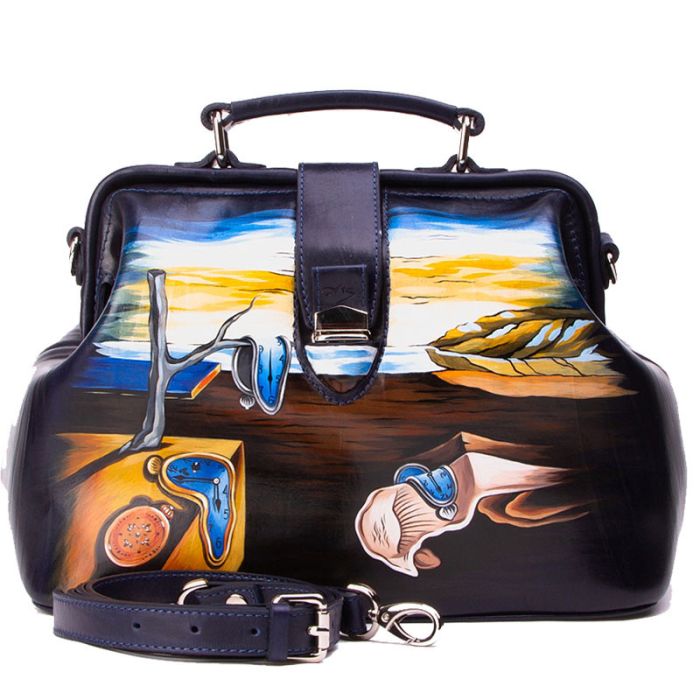 Bag valise blue, with design on leather - hand painted