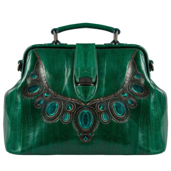 Green leather satchel bag - green with pattern on leather