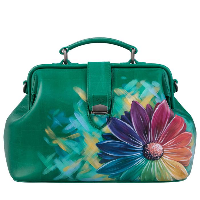 Green leather satchel bag - green with pattern on leather