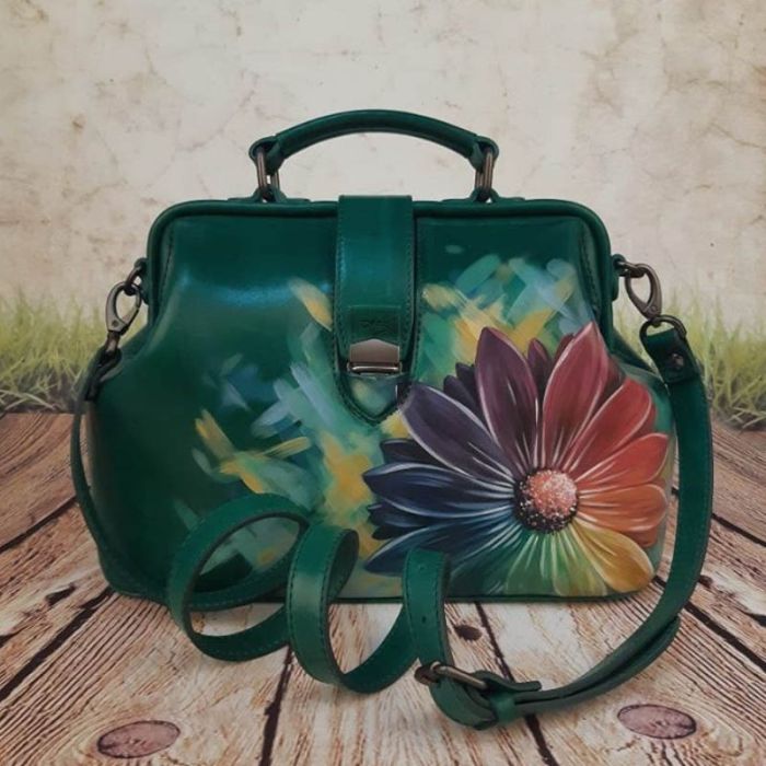 Green leather satchel bag - green with pattern on leather