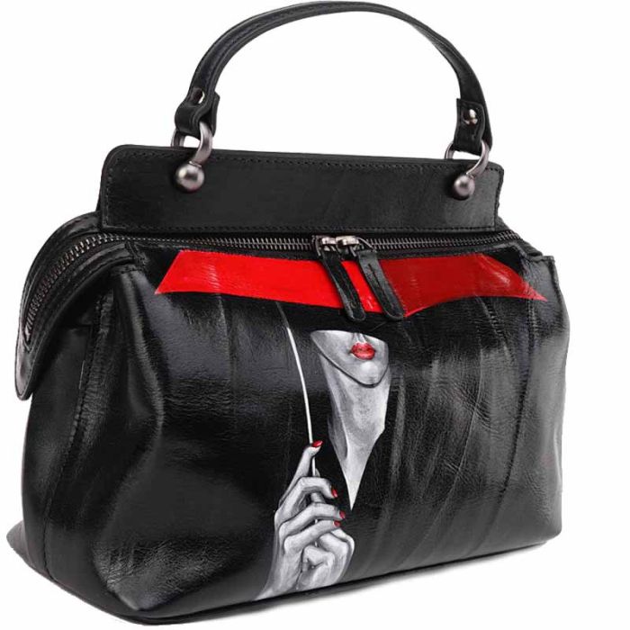 Women's black smooth leather bag Krust with pattern - hand-painted