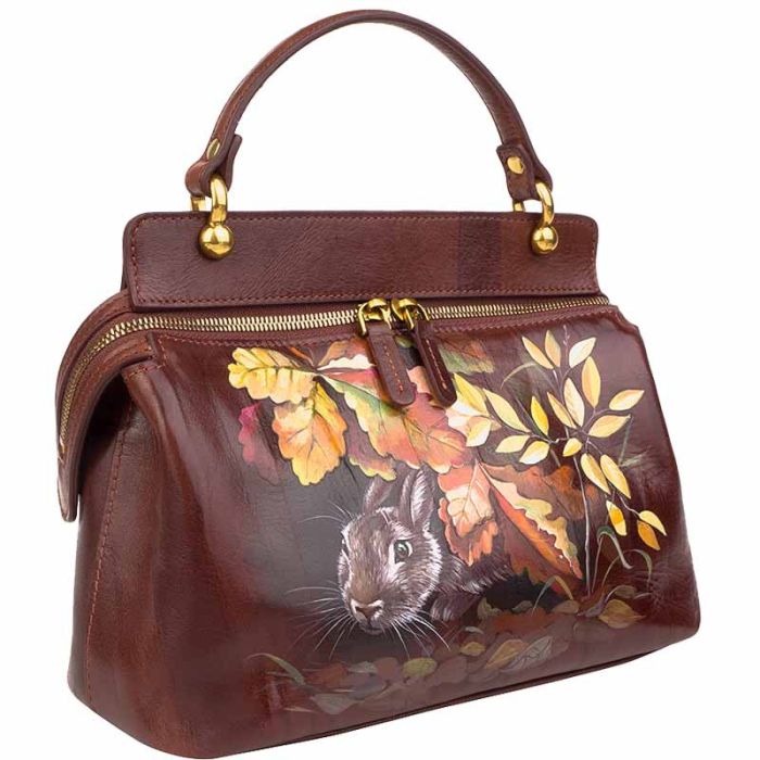 Women's brown smooth calfskin Croco bag with pattern - hand-painted